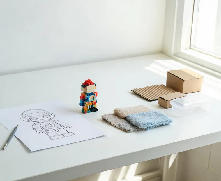 Mattel design table with sketches, toys and packaging samples