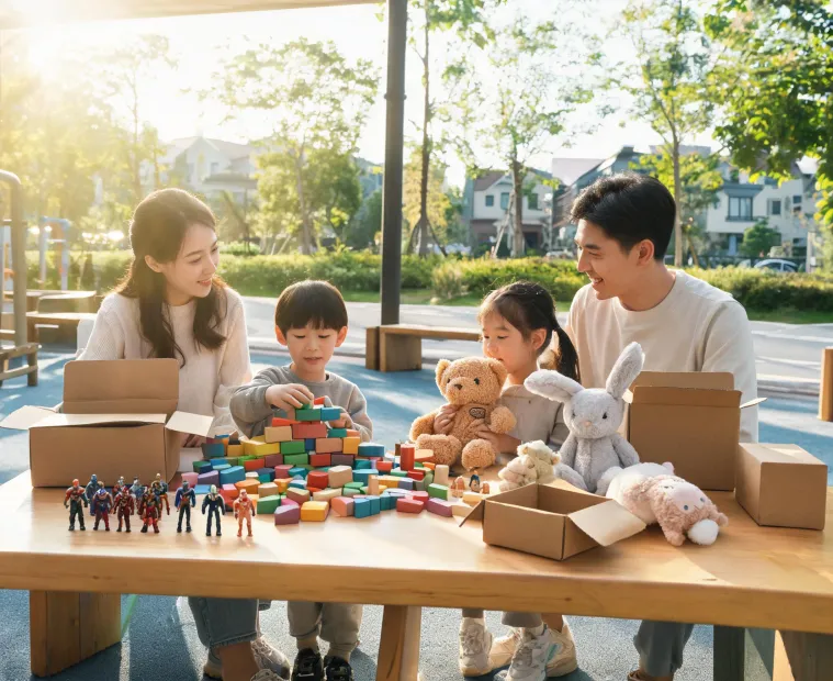 Families sharing toys at a clean community play table