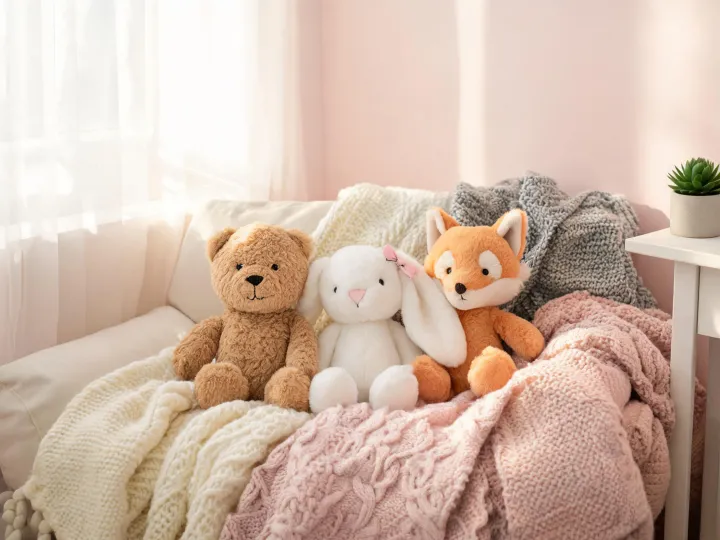 Plush toys in a calm nursery setting