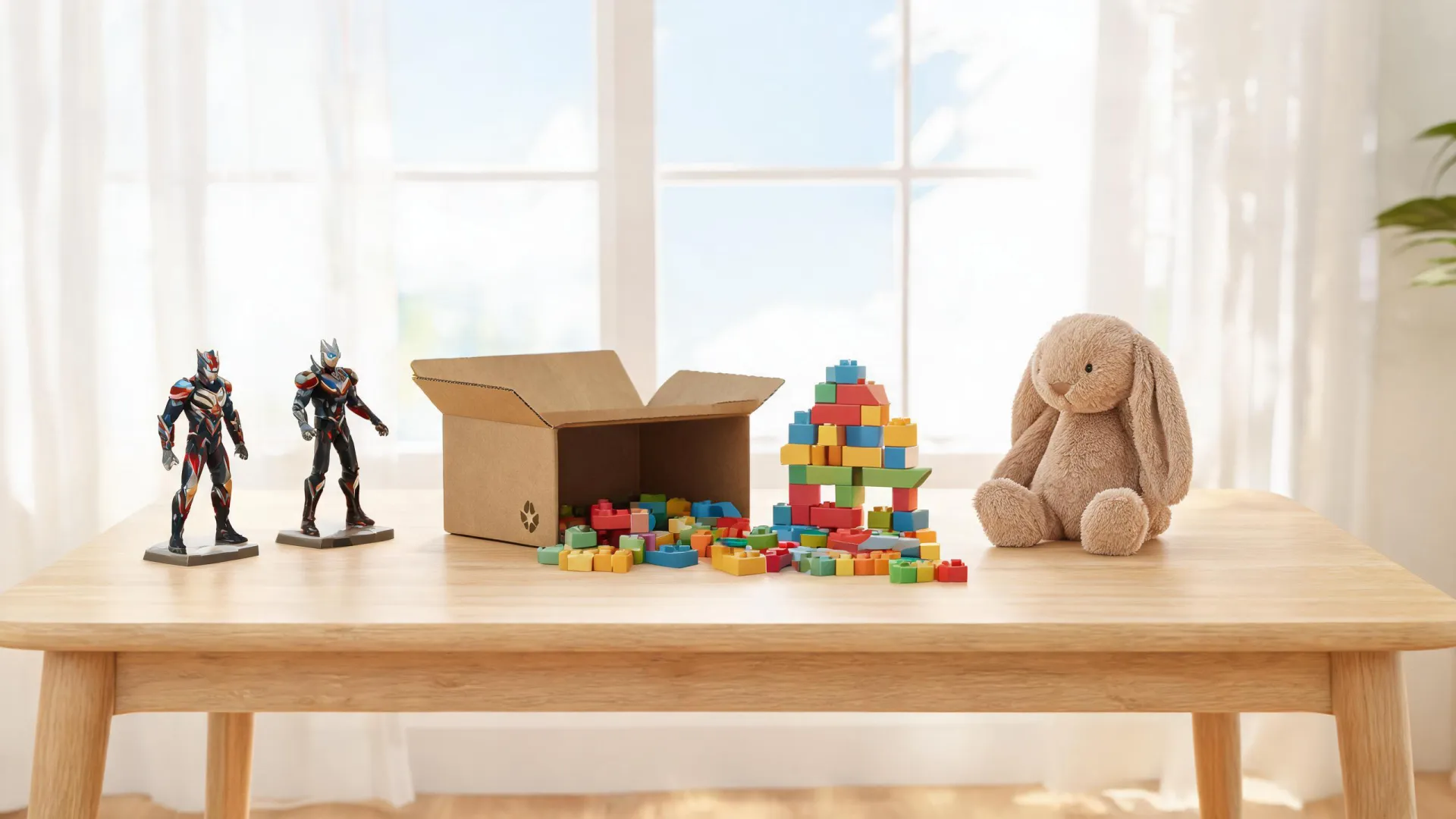 Mattel collectible toys, building sets and plush friends arranged for play