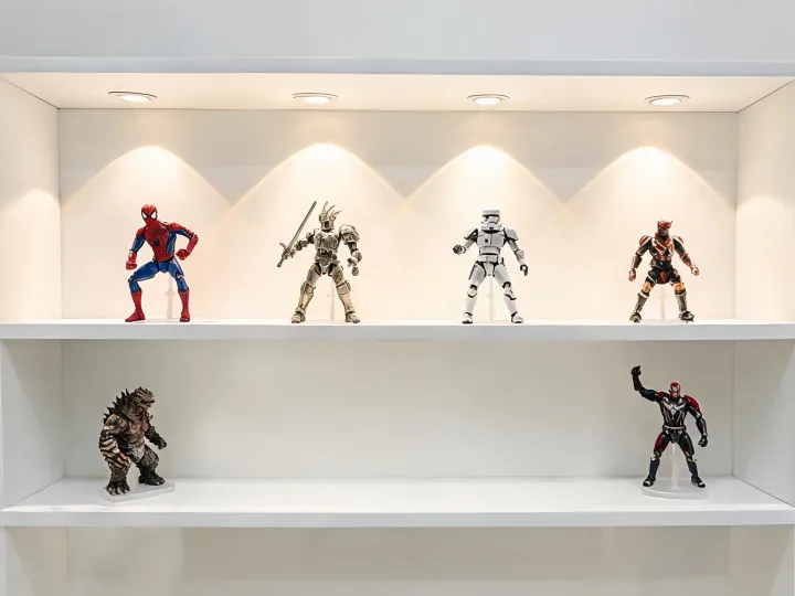 Collectible figures displayed on a shelf