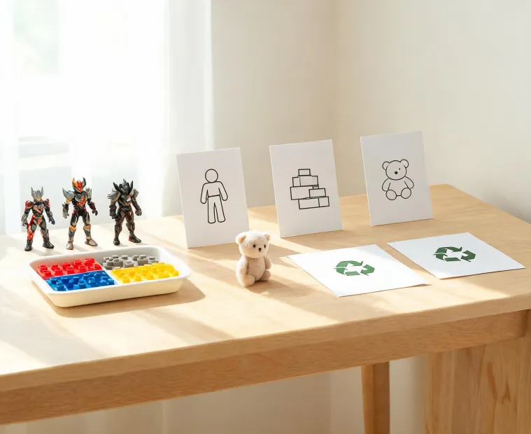 Toy planning desk with category cards and sample products