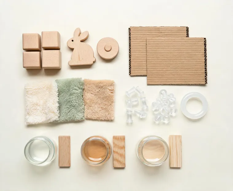 Sustainable toy materials and recycled packaging samples